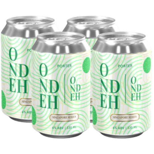 Four cans of ONDEH ONDEH Porter beer on a white background