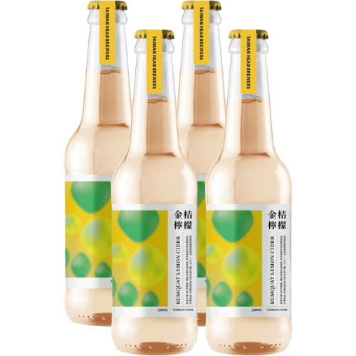 Four bottles of Taiwan Head Brewers Kumquat Lemon Cider on a white background.