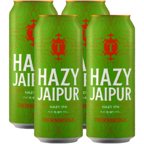 Four green cans of Hazy Jaipur beer from Thornbridge on a white background