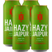 Four green cans of Hazy Jaipur beer from Thornbridge on a white background