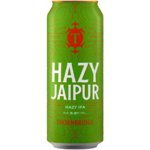 Green can of Hazy Jaipur Hazy IPA by Thornbridge on a white background