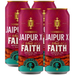Four cans of Thornbridge Jaipur X & A Whole Lot of Faith Imperial IPA beer, featuring a deep magenta label with gold, white, and teal accents, isolated on a white background.