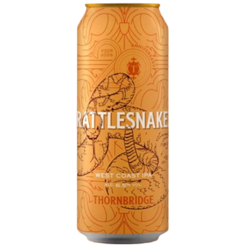 Orange can of Rattlesnake West Coast IPA by Thornbridge on a white background