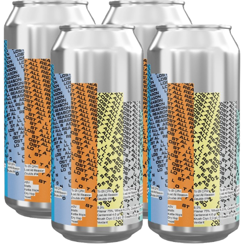 4 silver beer cans with colorful label featuring 'Lost All Reason' text on a white background.