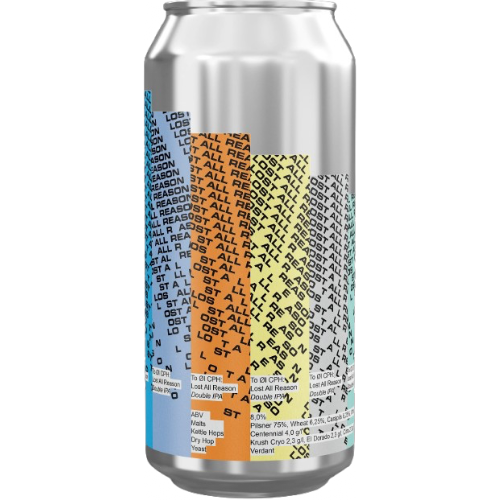 Silver beer can with colorful label featuring 'Lost All Reason' text on a white background.