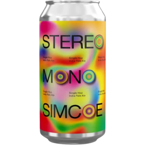 Beer can with colorful label featuring the brand 'Stereo Mono Simcoe' on a white background