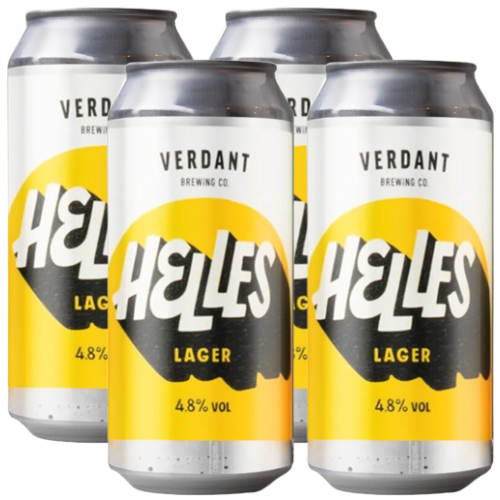4 cans of Verdant Brewing Co Helles Lager 4.8% vol on a white background