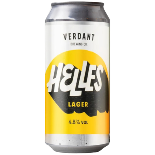 A can of Verdant Brewing Co Helles Lager 4.8% vol on a white background