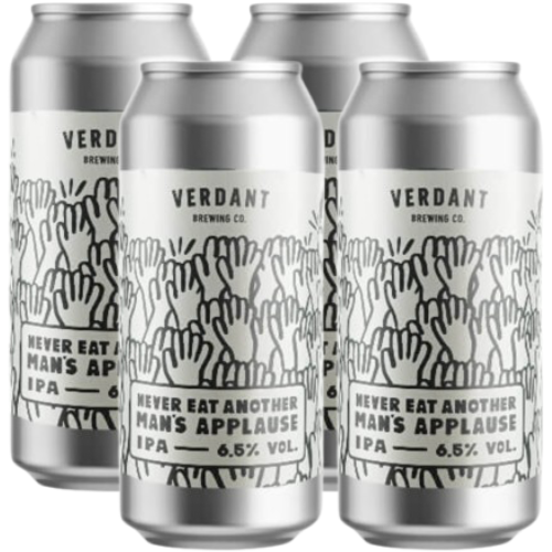 4 cans of Verdant Never Eat Another Man's Applause IPA 6.5% Vol on a white background