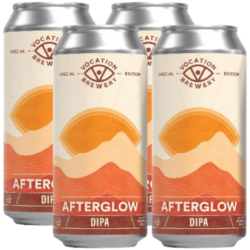 Four cans of Vocation Brewery Afterglow DIPA can on a white background