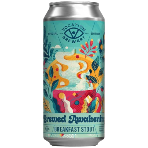 A 16 oz aluminum can of Vocation Brewery Brewed Awakening Breakfast Stout on a plain white background. The can features a colorful, artistic label with a turquoise background, a stylized yellow, orange, red, blue, and green botanical illustrations.