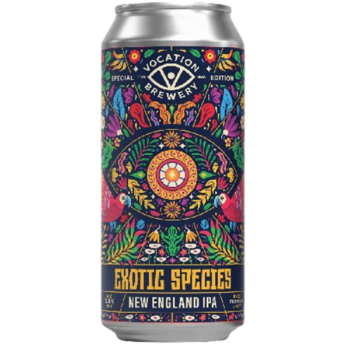 Vocation Brewery Exotic Species New England IPA can with colorful design on a white background