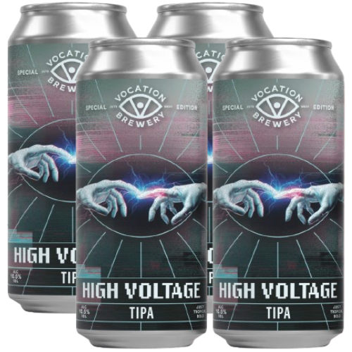 Four aluminum cans of Vocation Brewery High Voltage Tipa IPA arranged in a fan-like cluster, showing the front labels clearly against a plain white background.