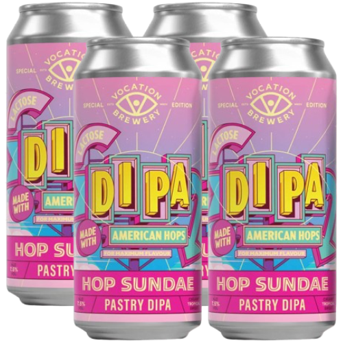 Four aluminium cans of Vocation Brewery Pastry DIPA Hop Sundae beer arranged together on a plain white background.