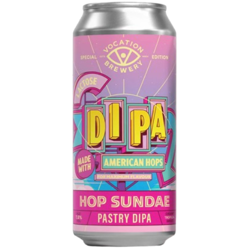 An aluminium can of Vocation Brewery Hop Sundae Pastry DIPA, featuring a vibrant pink, purple, and blue label with retro-style yellow lettering.