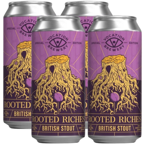 Four cans of Vocation Brewery Rooted Riches British Stout on a white background.