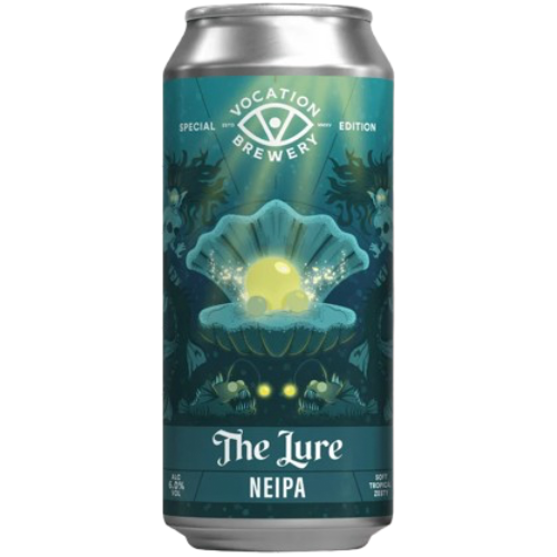 A can of Vocation Brewer The Lure NEIPA featuring an opened clam with a pearl on a white background.