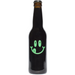 A dark brown beer bottle with a green smiley face design on the label.